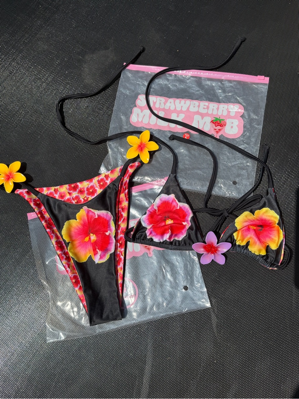 Strawberry Milk Mob Black Bikini with Pink and Yellow Floral Print - Picture 2 of 14